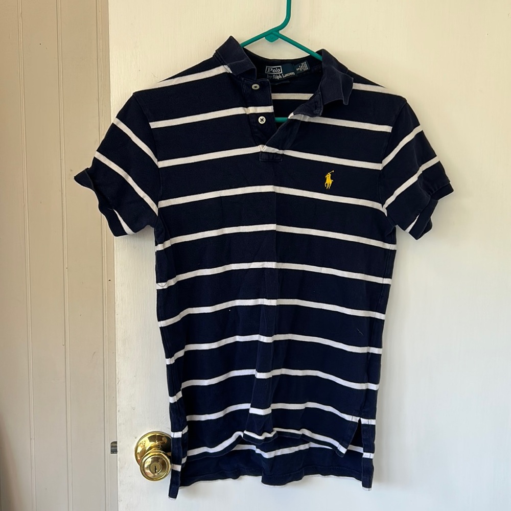 Polo by Ralph Lauren size small. Gently worn. Blue with white stripes